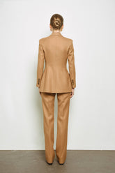 Wool blend double-breasted blazer with peak lapels and tailored waist shaping